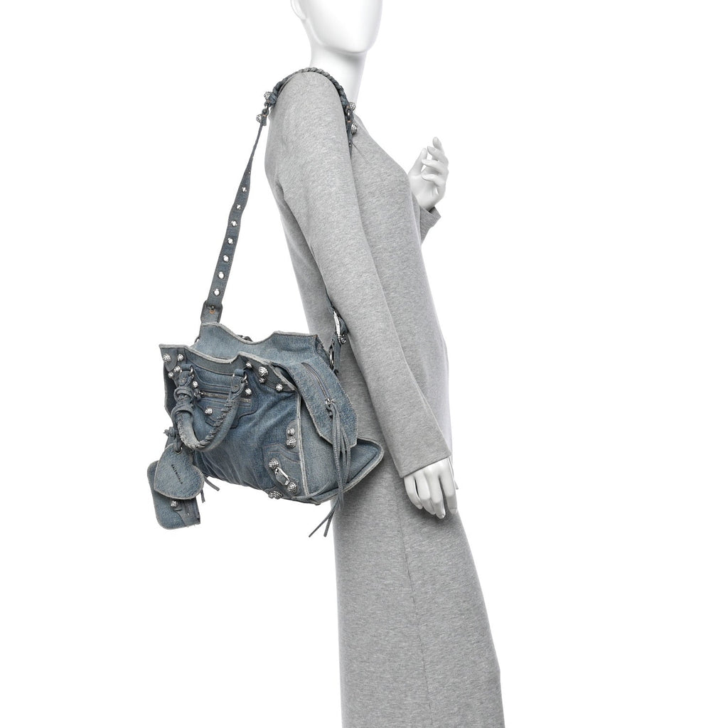 Washed Frayed Denim Crystal Neo Cagole City Handbag Blue