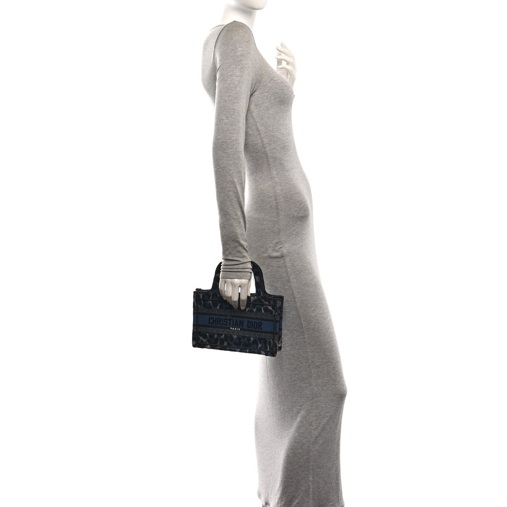 Canvas Mizza Embroidered Mini Leopard Book Tote Blue