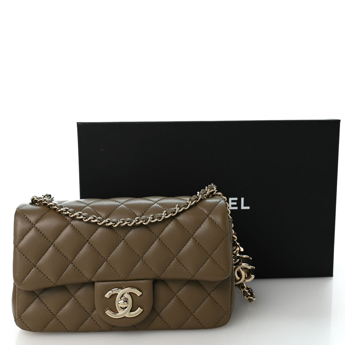 Lambskin Quilted Mini Rectangular CC Slide Flap Dark Khaki