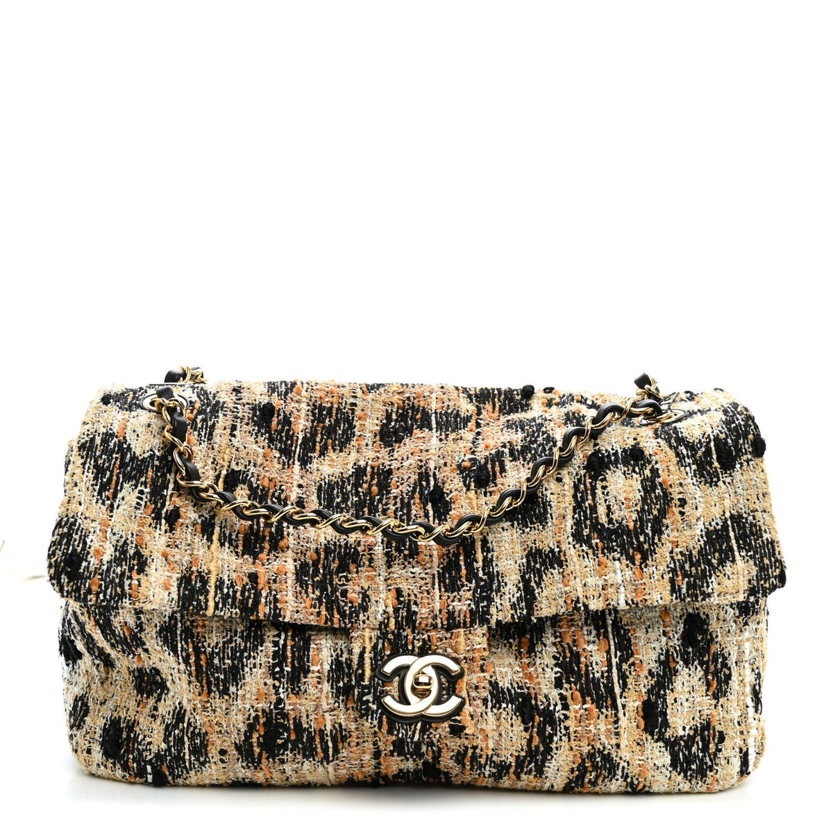 Tweed Mixed Fibers Leopard Print Small Souplissimo Maxi Flap Brown Black White