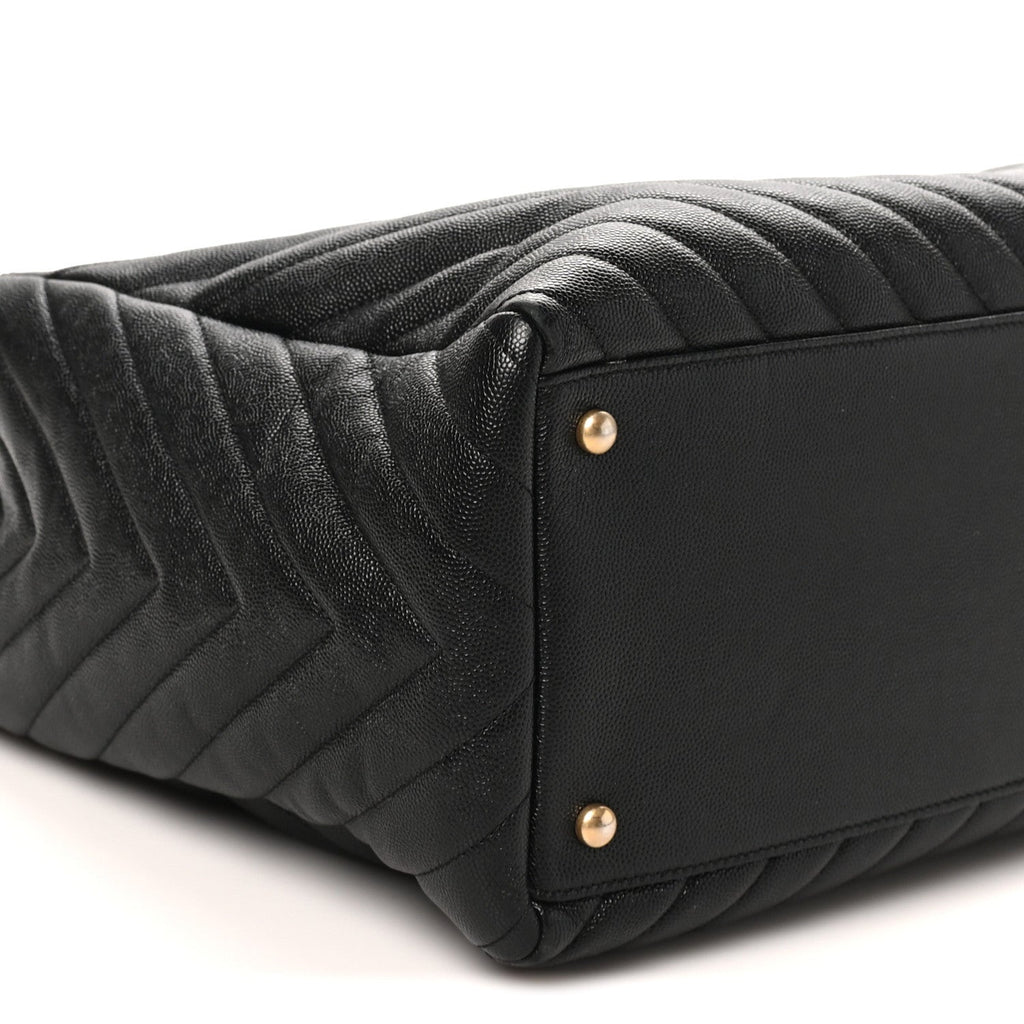 Caviar Chevron Quilted Coco Handle Shopping Tote Black