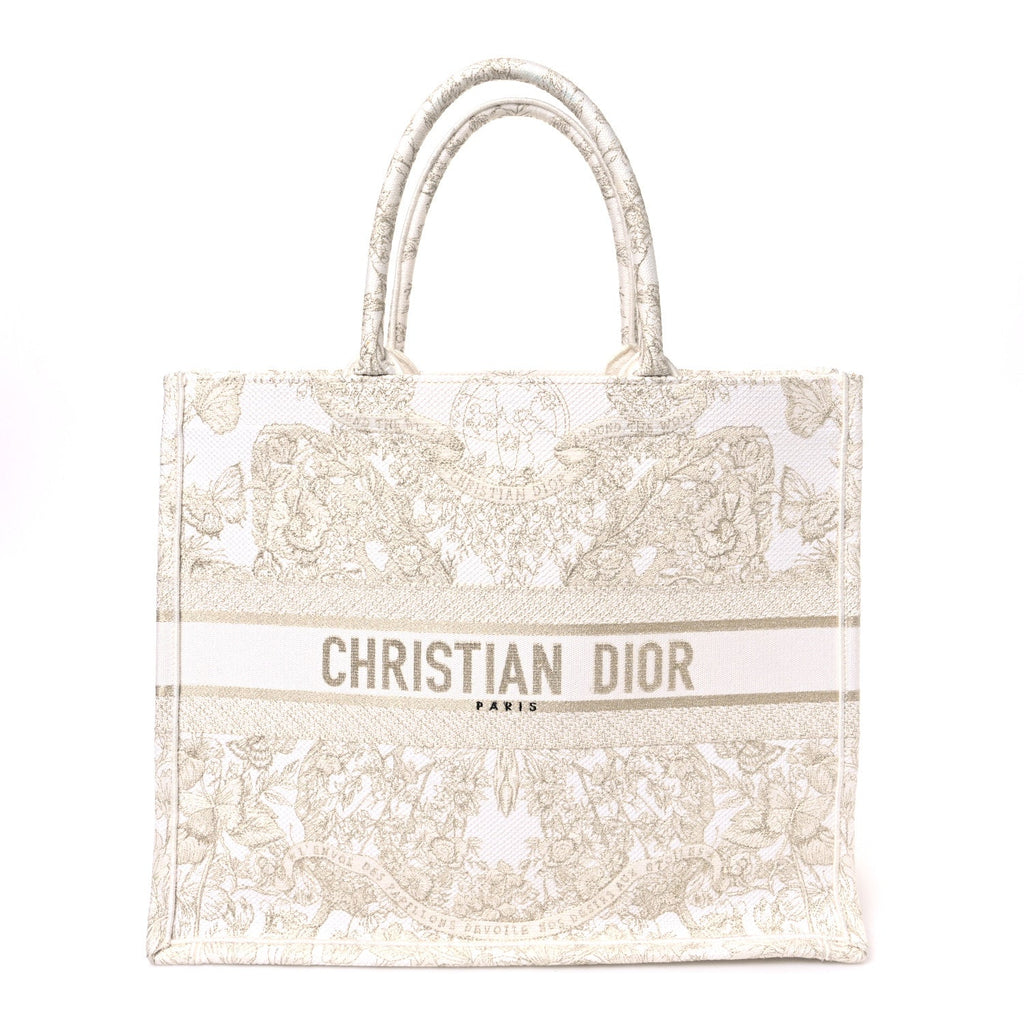 Canvas Embroidered Medium Jardin D'Hiver Book Tote White Gold