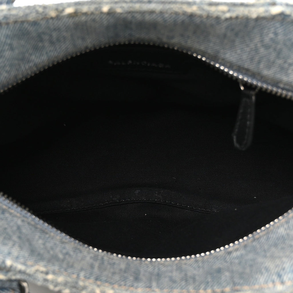 Washed Frayed Denim Crystal Neo Cagole Handbag XS Blue
