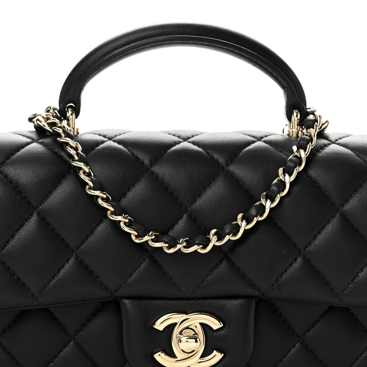 Lambskin Quilted Top Handle East West Flap Black