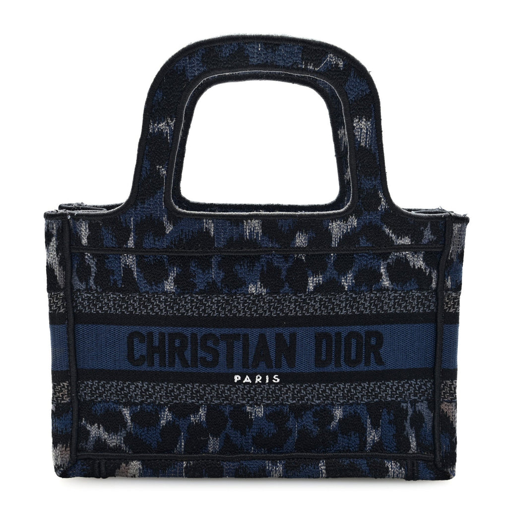 Canvas Mizza Embroidered Mini Leopard Book Tote Blue