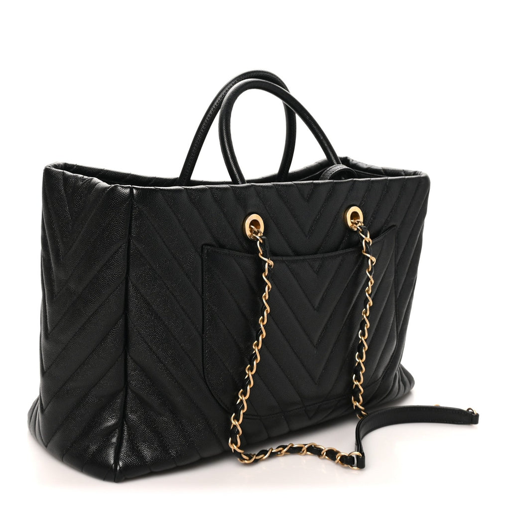 Caviar Chevron Quilted Coco Handle Shopping Tote Black
