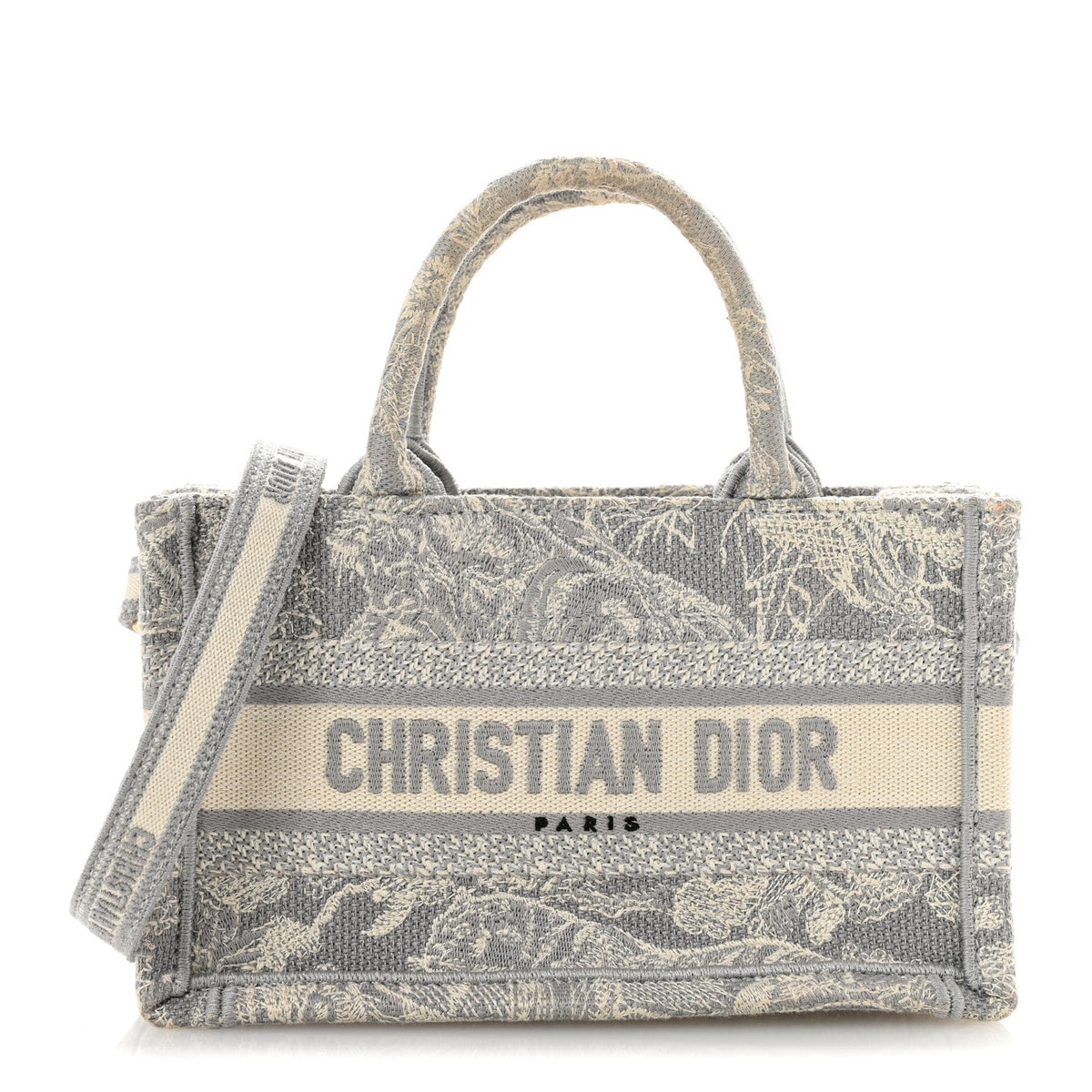Canvas Embroidered Toile De Jouy Reverse Mini Book Tote With Strap Grey