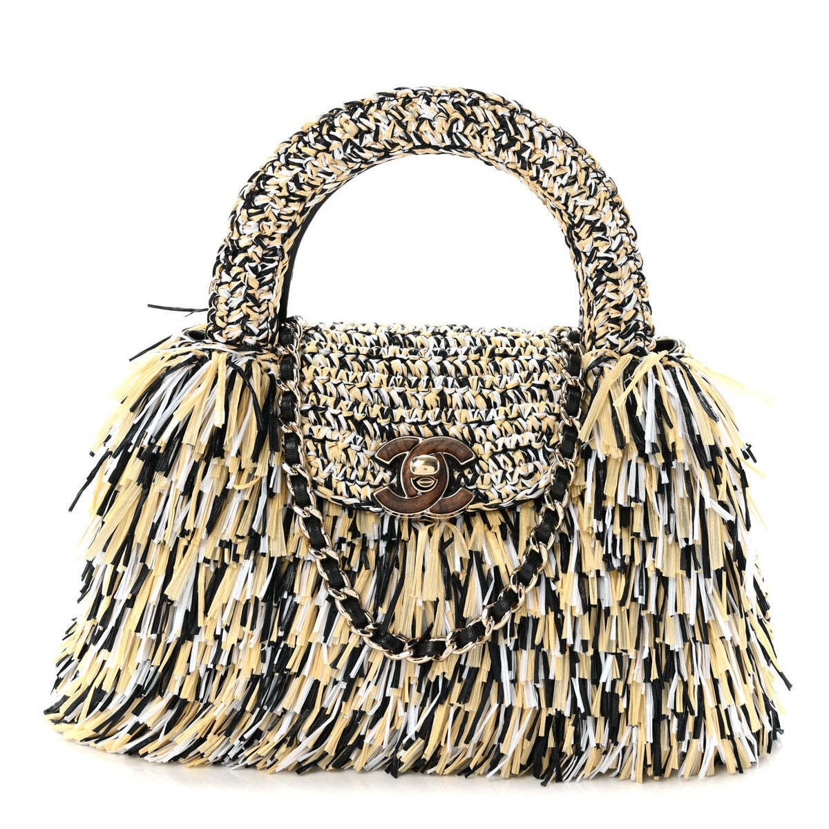 Raffia Fringe Nano Kelly Shopper Yellow Beige Black