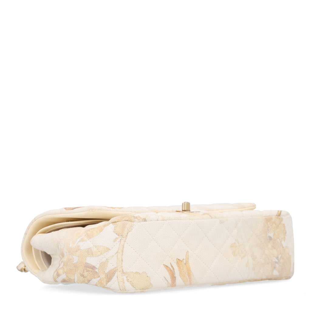 Denim Floral Printed Medium Double Flap Beige