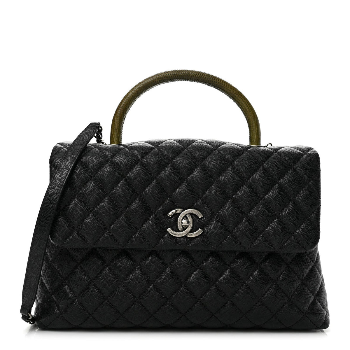 Caviar Lizard Quilted Medium Coco Handle Flap Black Khaki