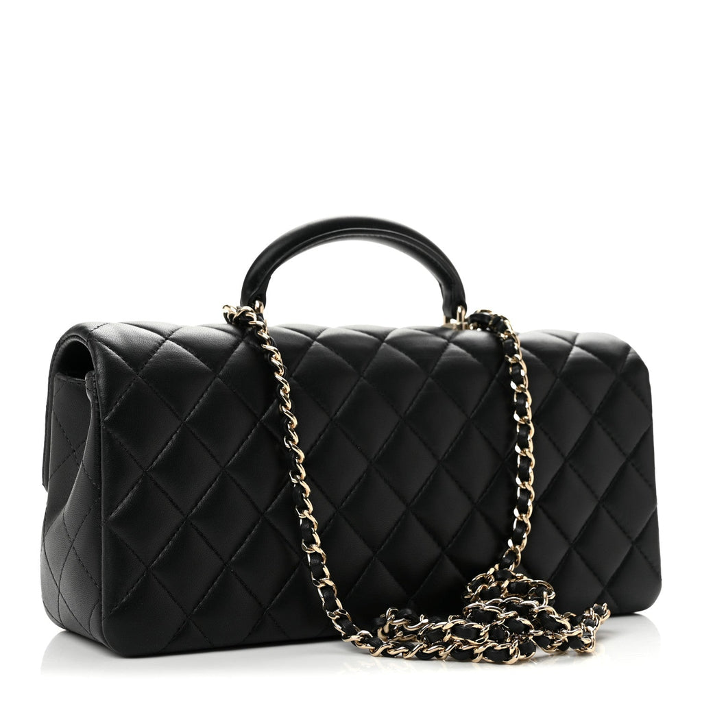 Lambskin Quilted Top Handle East West Flap Black
