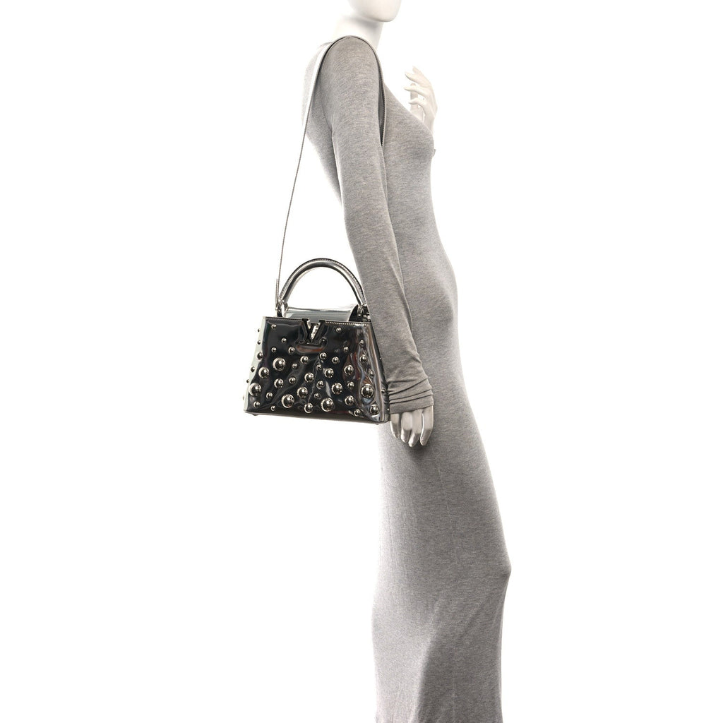 LV X YK Metallic Taurillon Brass Metal Dots Capucines BB Silver