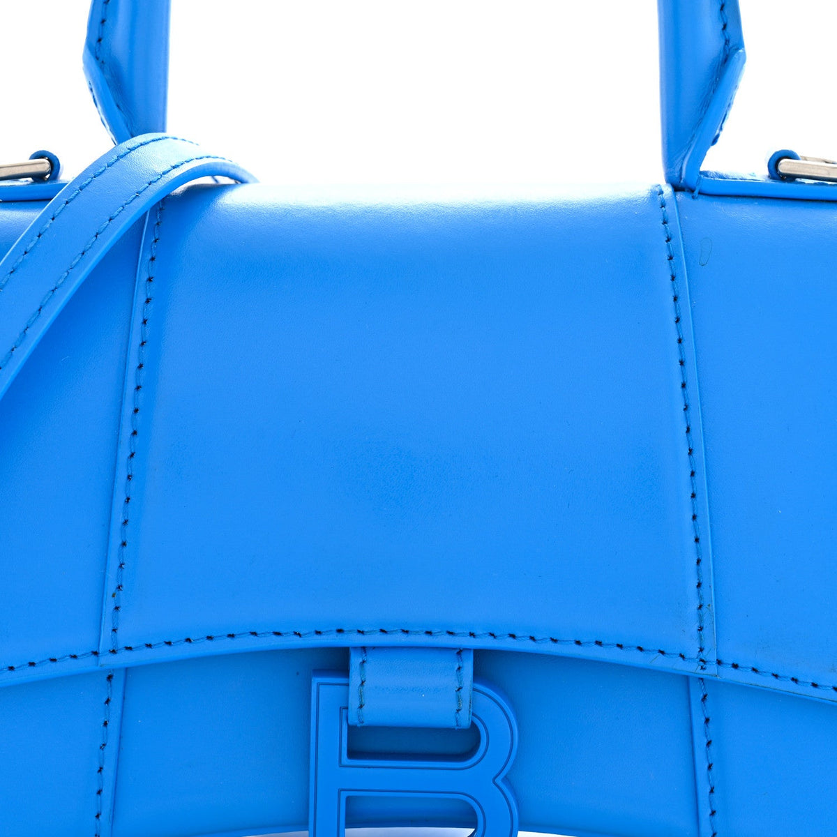 Shiny Box Calfskin Tonal B Hourglass Top Handle Bag XS Screen Blue