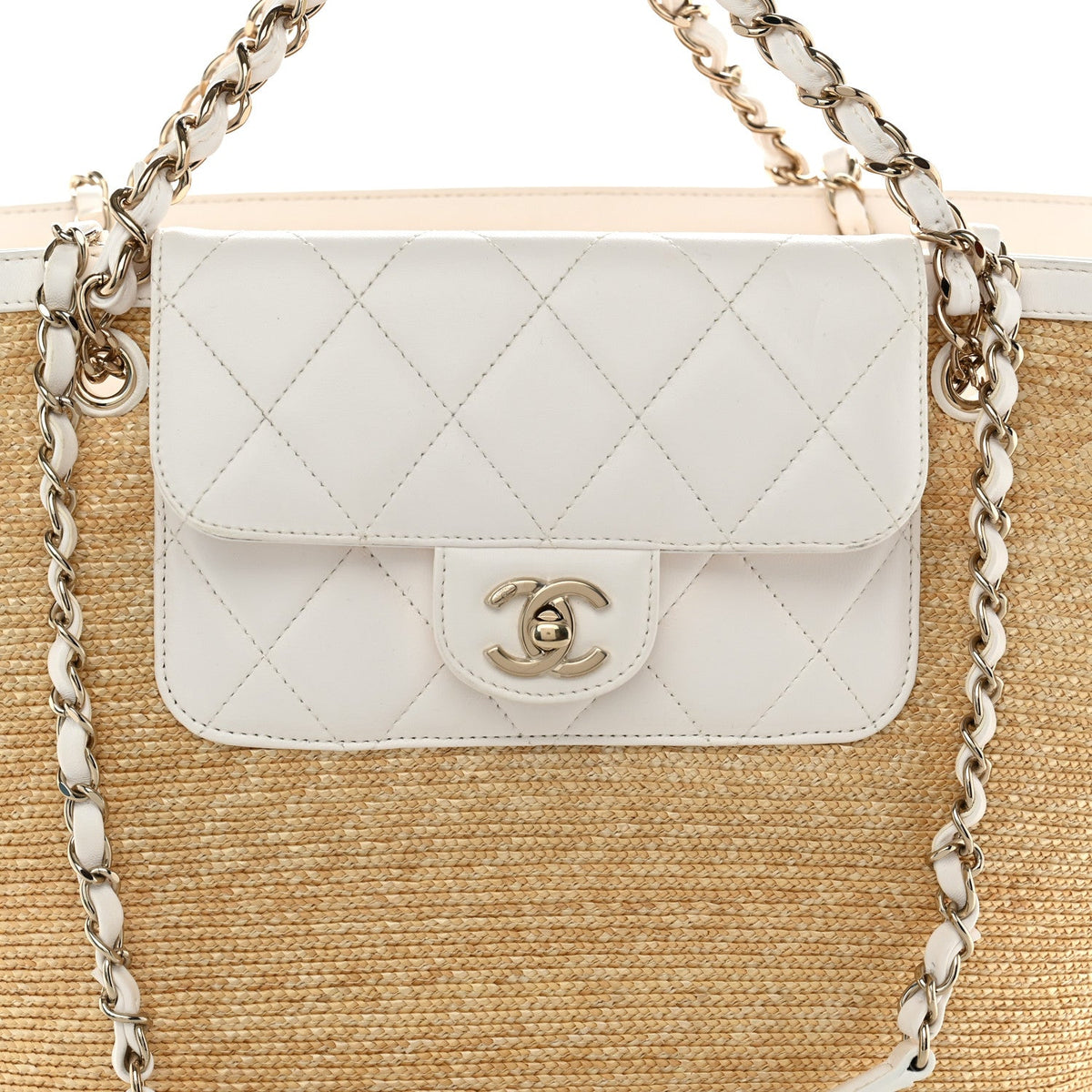 Raffia Braided Lambskin Large Wicker Tote Beige White
