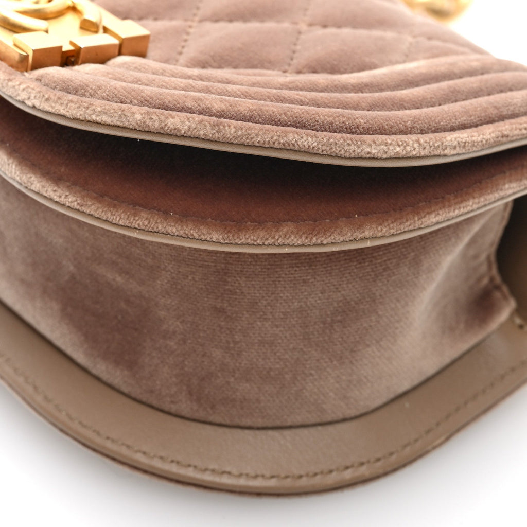 Velvet Quilted Mini Boy Messenger Bag Beige