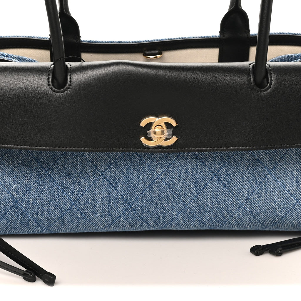Calfskin Denim Stitched Urban Essentials Small Shopping Bag Blue Black