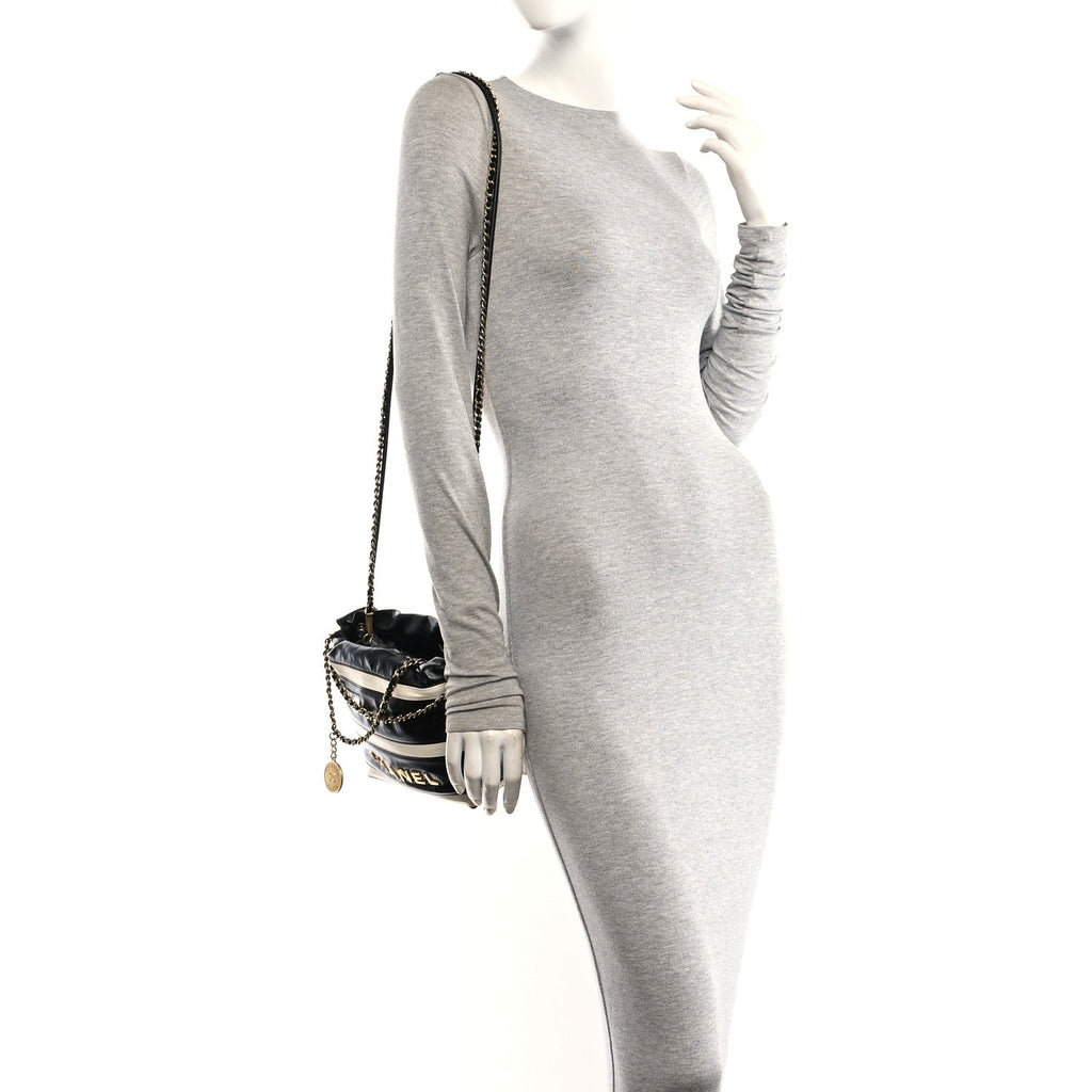 Shiny Calfskin Striped Mini Chanel 22 Black White