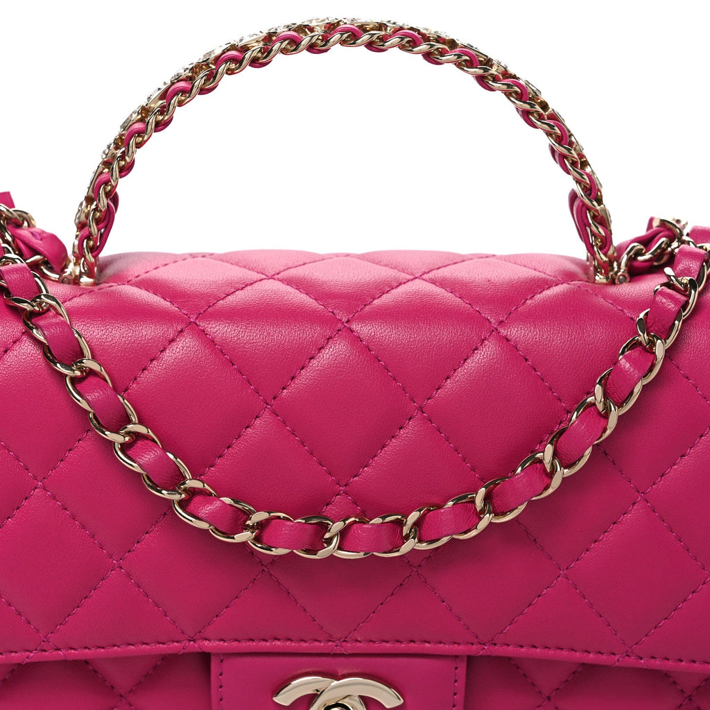 Lambskin Quilted Medium Crystal Top Handle Rectangular Flap Dark Pink