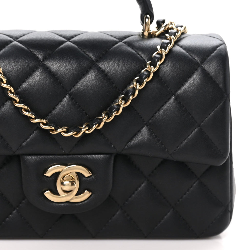 Lambskin Quilted Mini Top Handle Rectangular Flap Black