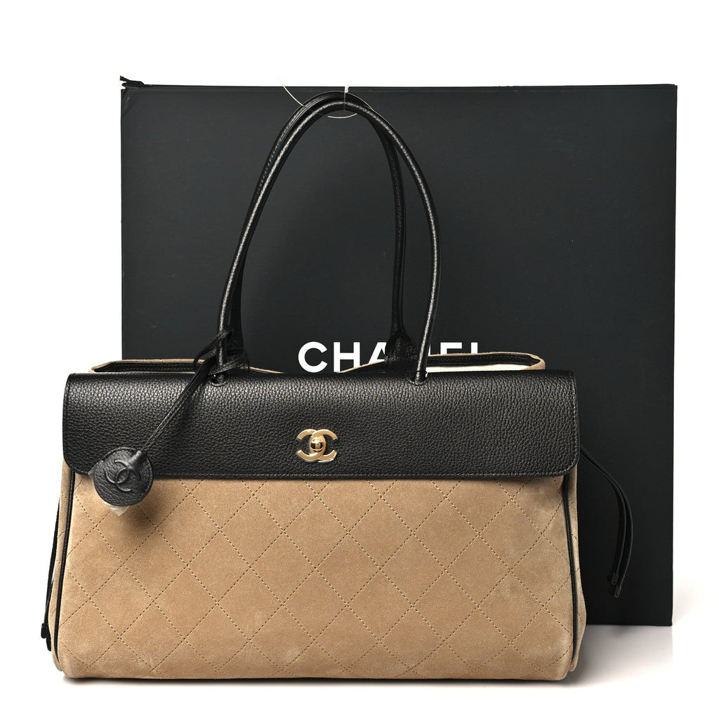 Grained Calfskin Suede Urban Essentials Shopping Bag Dark Beige Black