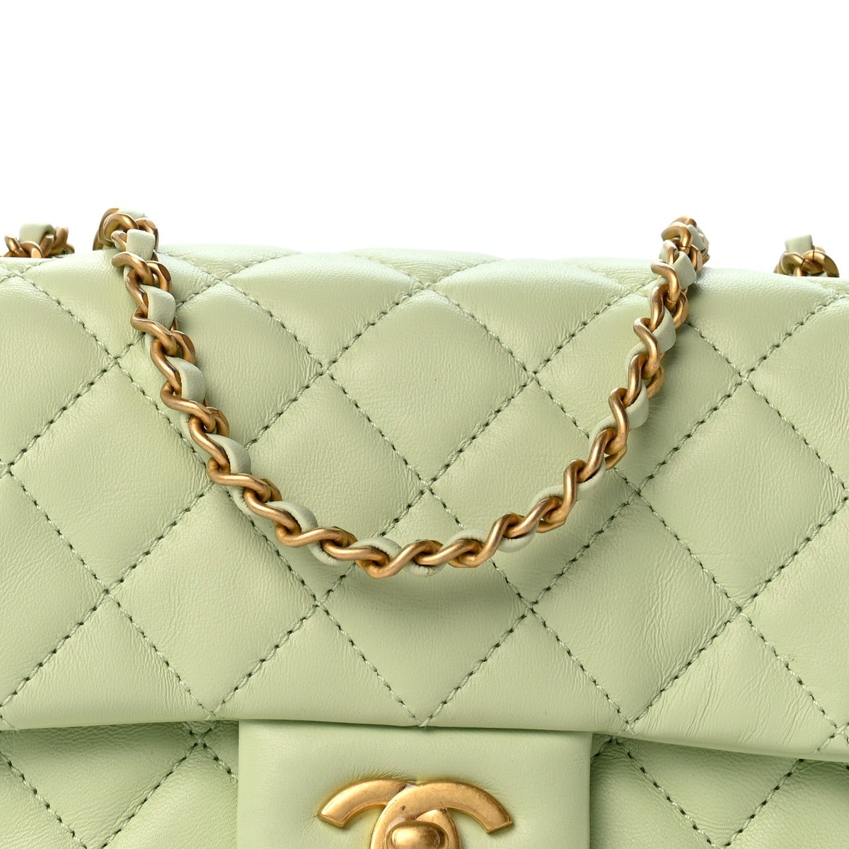 Lambskin Quilted Mini Pearl Crush Flap Light Green