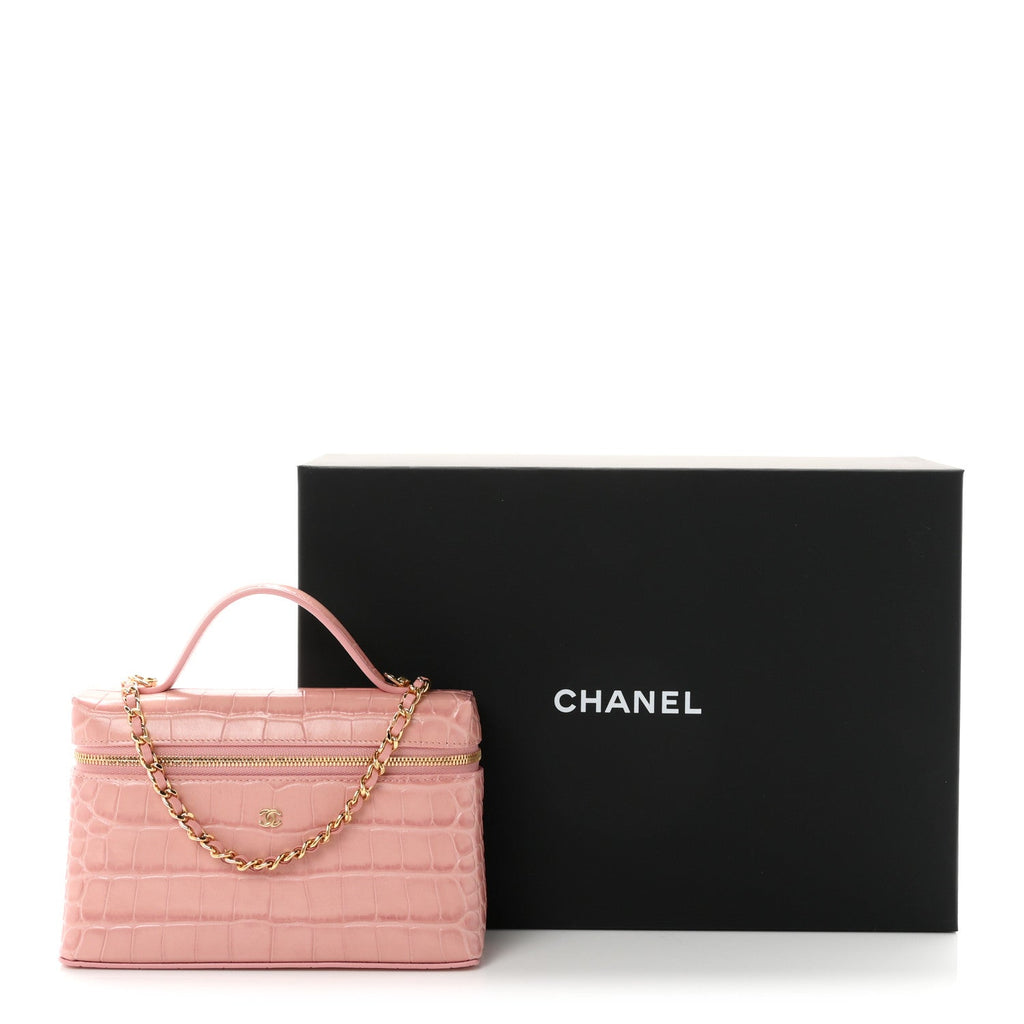 Calfskin Crocodile Embossed Crococo Top Handle Slim Vanity Case With Chain Light Pink