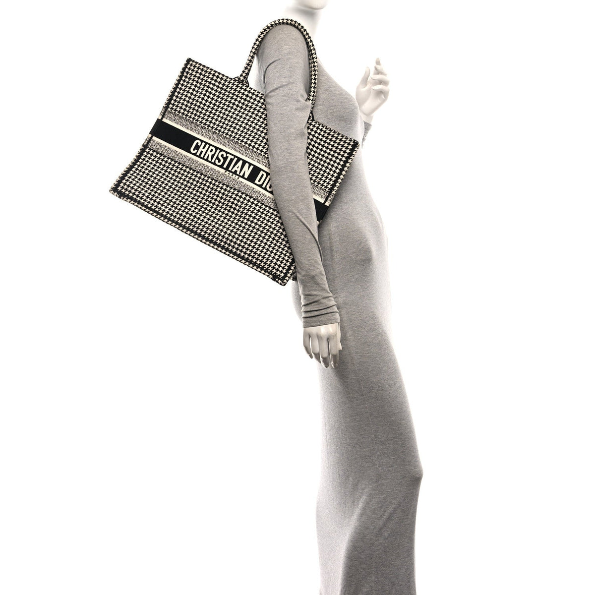 Canvas Houndstooth Embroidered Large Book Tote Black White