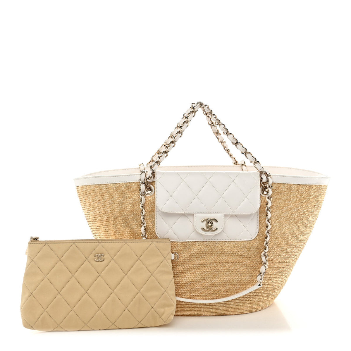Raffia Braided Lambskin Large Wicker Tote Beige White