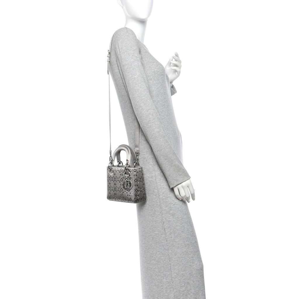 Satin Crystal Cannage Mini Lady Dior Gray