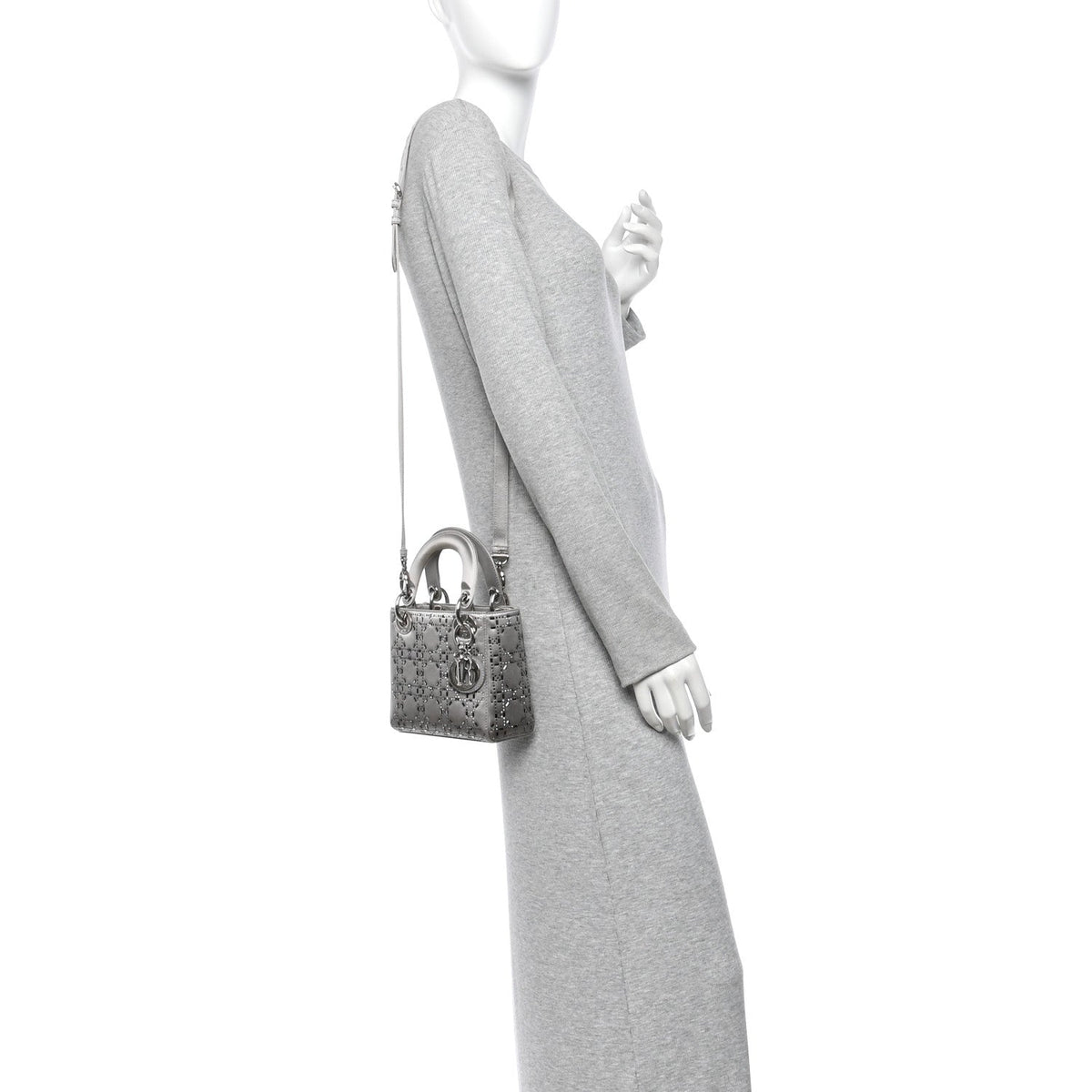 Satin Crystal Cannage Mini Lady Dior Gray
