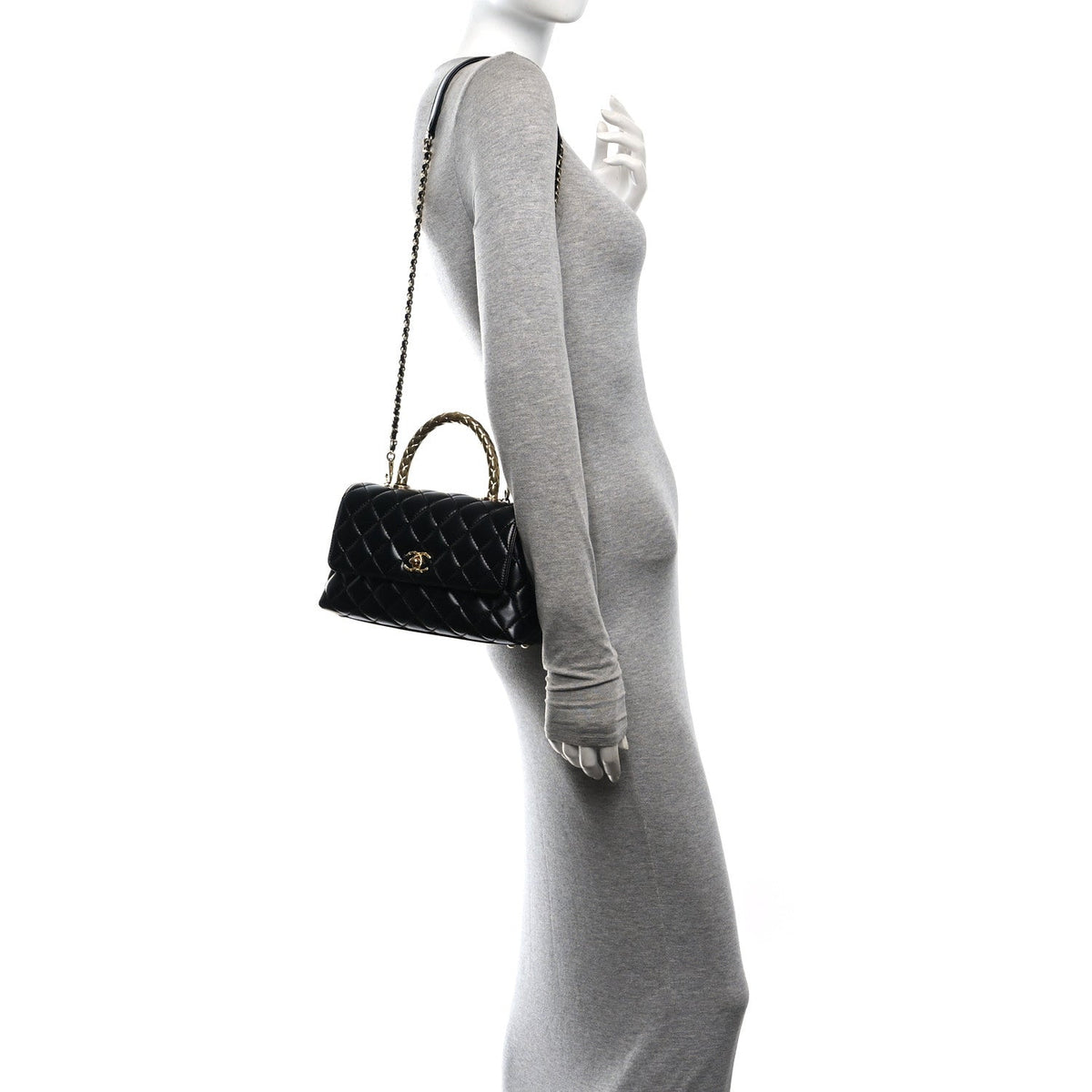 Shiny Calfskin Quilted Mini Coco Chain Gold Handle Flap Black