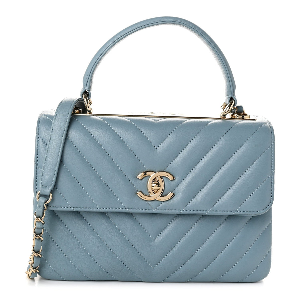 Lambskin Chevron Quilted Small Trendy CC Flap Dual Handle Bag Blue