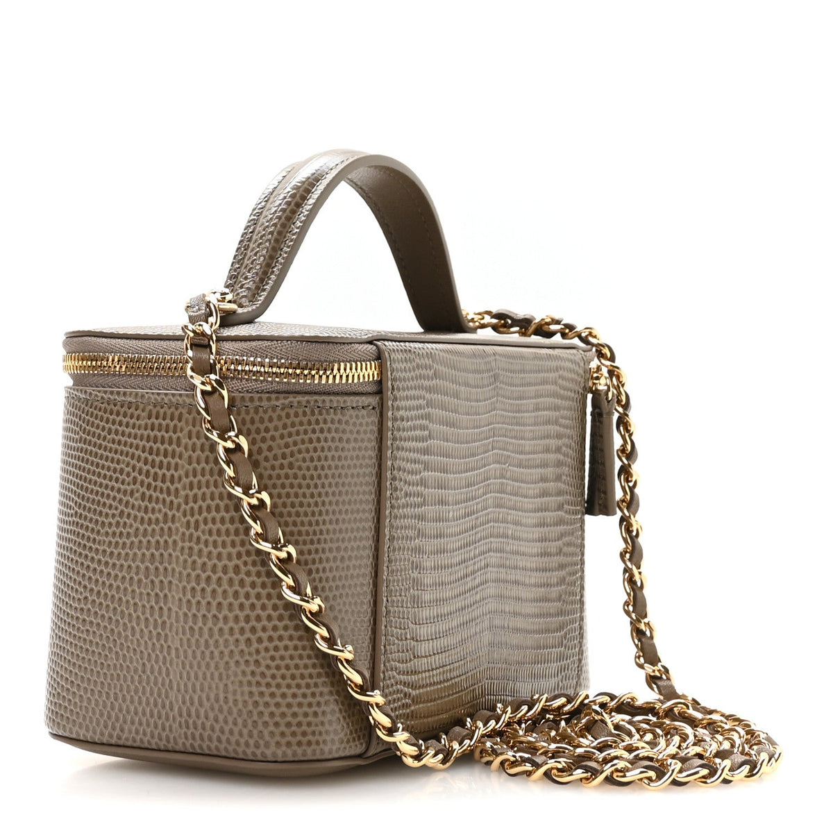 Calfskin Lizard Embossed Top Handle Vanity With Chain Dark Khaki