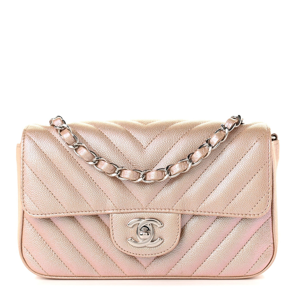 Iridescent Caviar Chevron Quilted Mini Rectangular Flap Light Gold