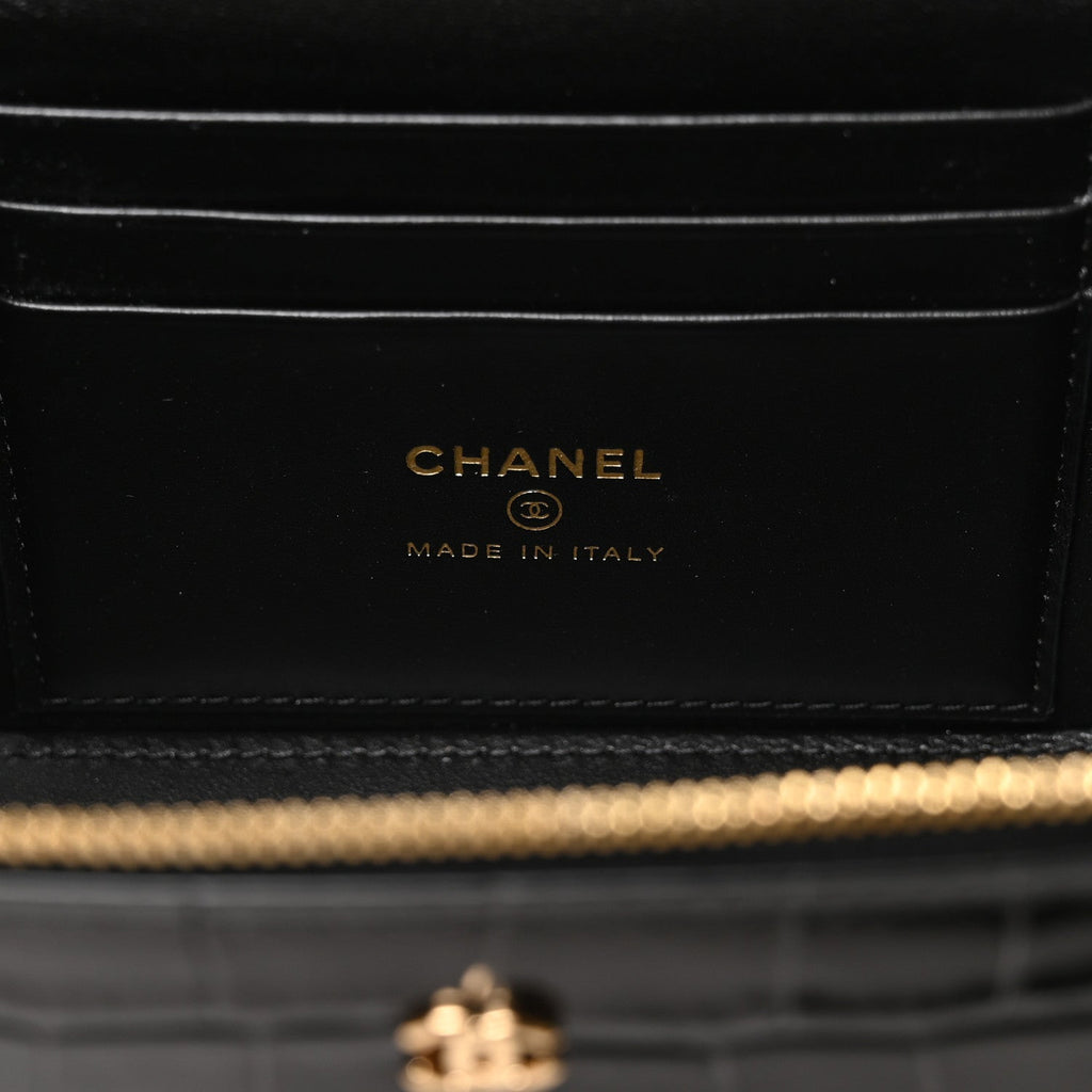 Calfskin Crocodile Embossed Crococo Small Top Handle Vanity Case With Chain Black