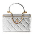 Metallic Caviar Quilted Top Handle Slim Vanity Case With Chain Silver