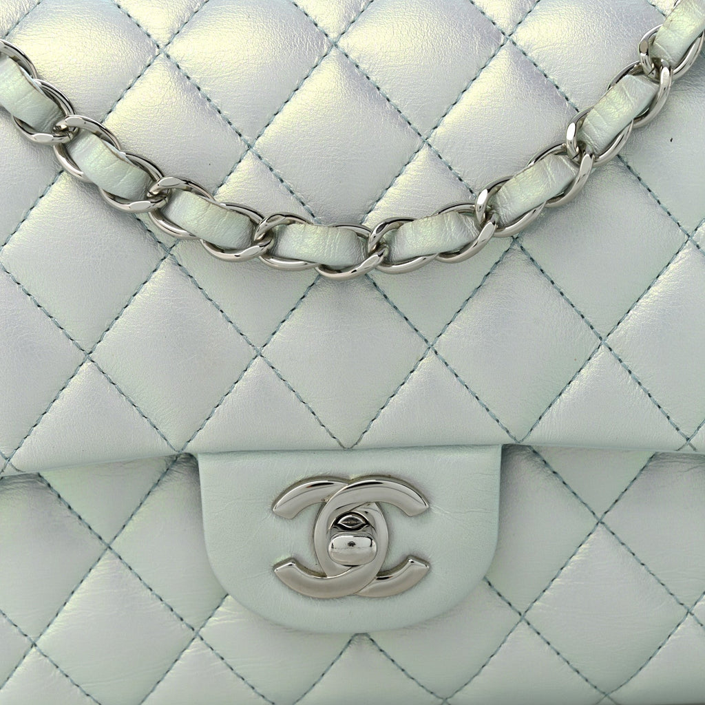 Iridescent Lambskin Quilted Medium Double Flap Light Blue