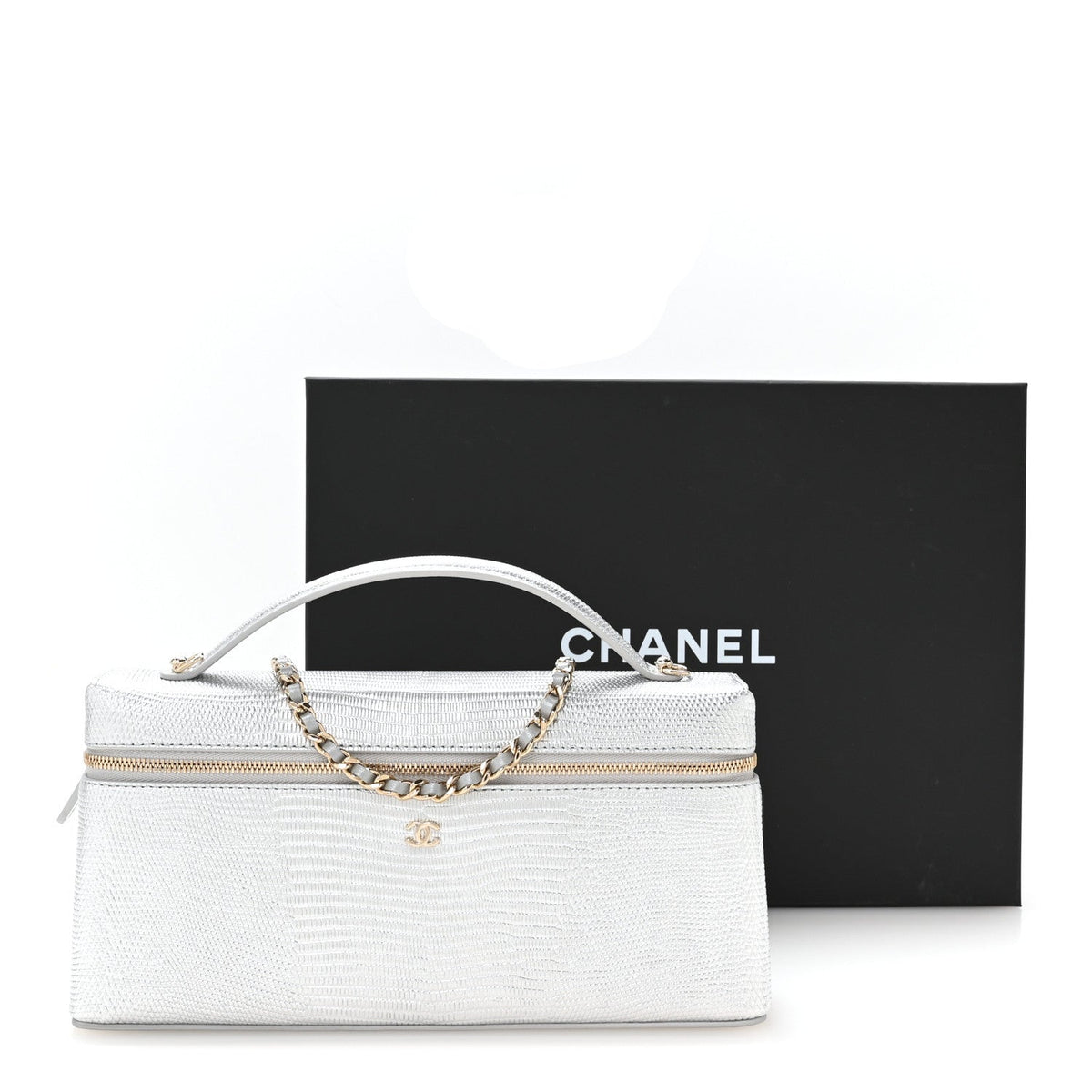 Lizard Embossed Calfskin Exoticoco Long Vanity With Chain Silvery