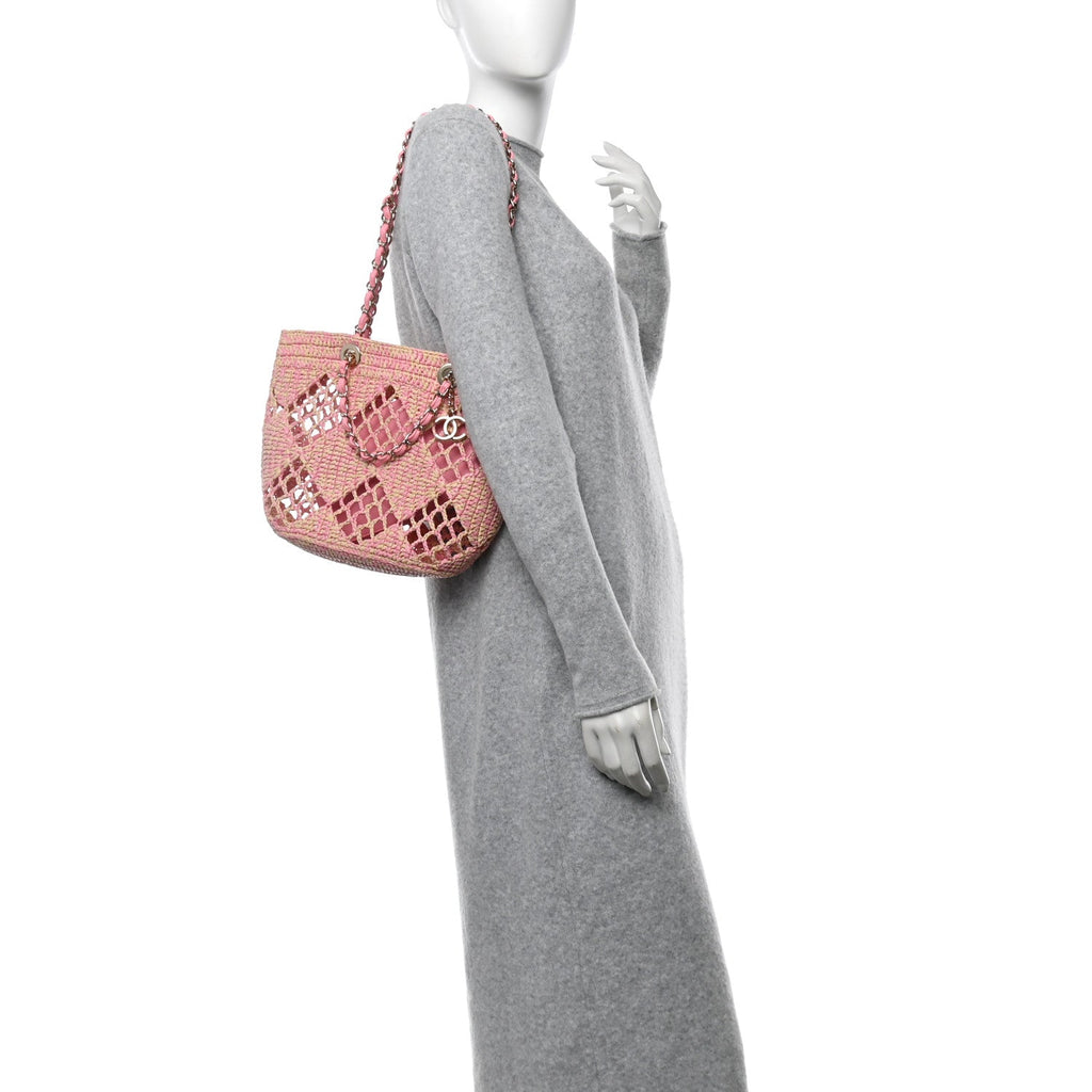 Raffia Effect Braided Small Shopping Bag Beige Pink