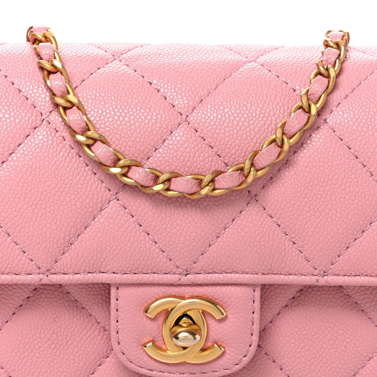 Shiny Caviar Quilted Mini Top Handle Flap Pink Pink