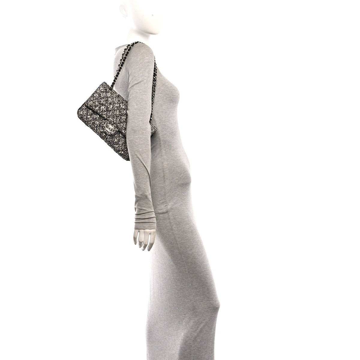 Tweed Sequin Patchwork Medium Double Flap Black White