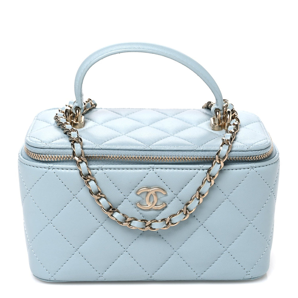 Lambskin Quilted Small Top Handle Vanity Case With Chain Light Blue