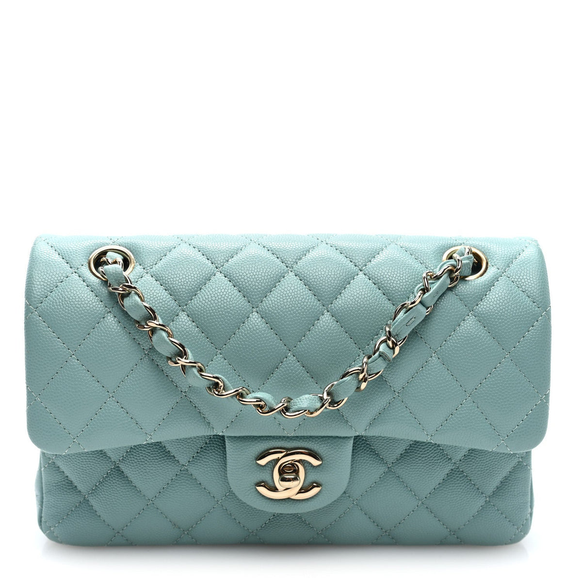Caviar Quilted Small Double Flap Light Blue