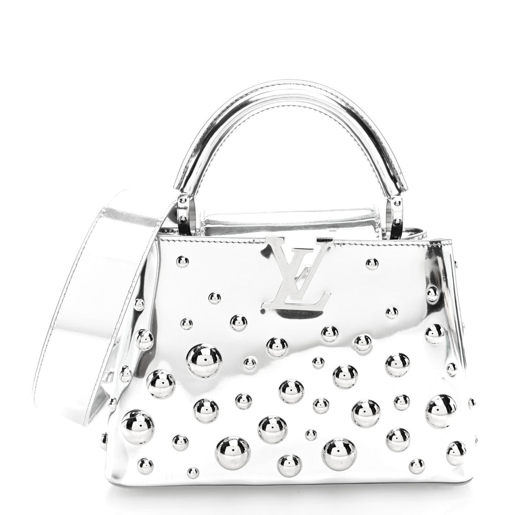 LV X YK Metallic Taurillon Brass Metal Dots Capucines BB Silver