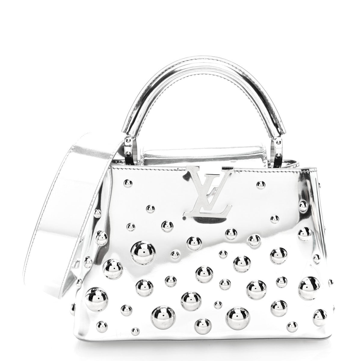 LV X YK Metallic Taurillon Brass Metal Dots Capucines BB Silver