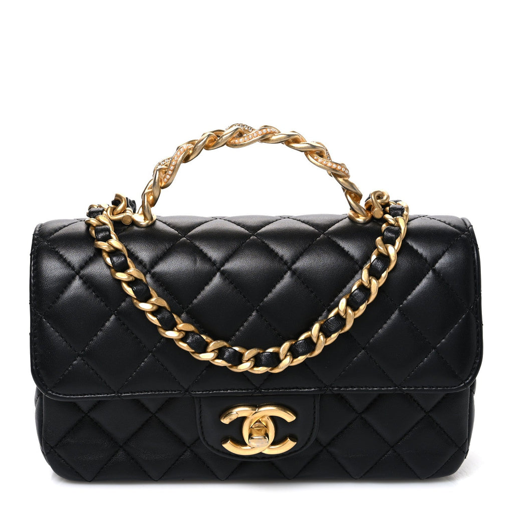 Lambskin Quilted Mini Chain Top Handle Rectangular Flap Black