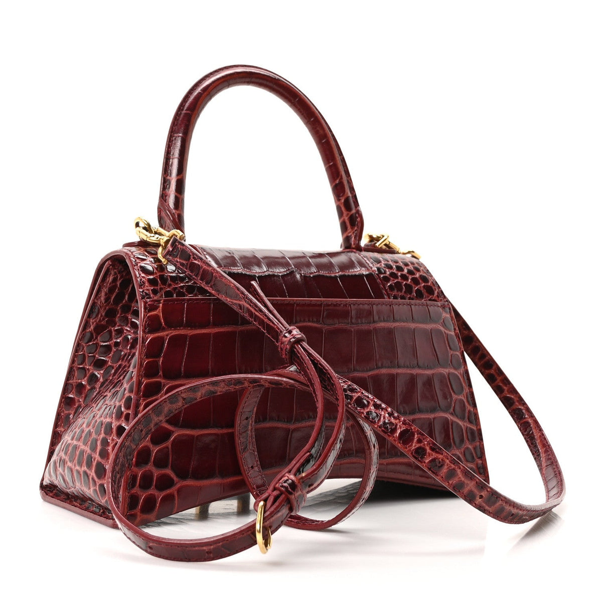 Shiny Calfskin Crocodile Embossed Small Hourglass Top Handle Bag Dark Red