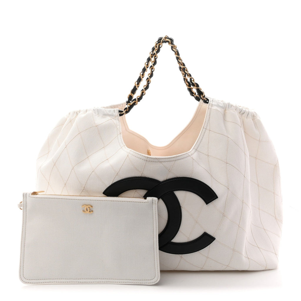 Denim Calfskin Quilted Coco Beach Small Shopping Tote White Black