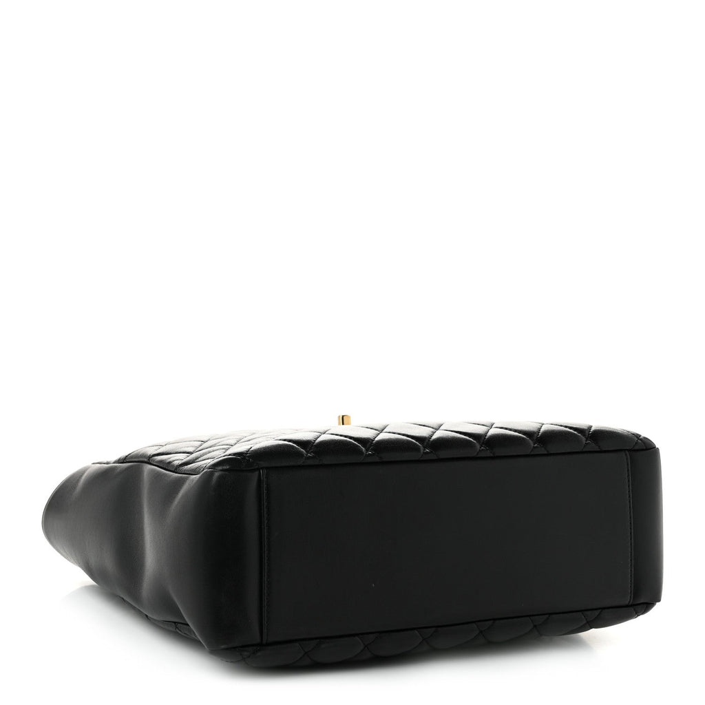 Shiny Lambskin Quilted Medium Shopping Tote Black