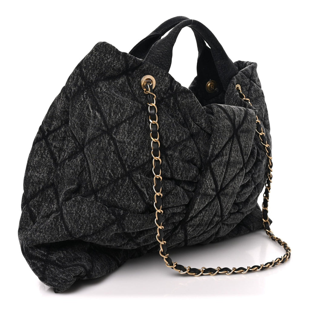 Washed Denim Quilted Maxi Bow Bag Black